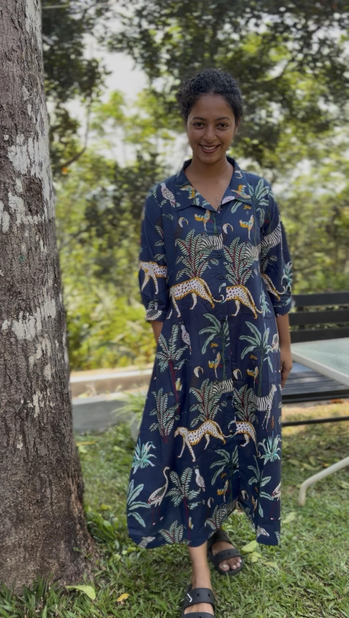 Blue Animal Print Button-down Shirt Dress