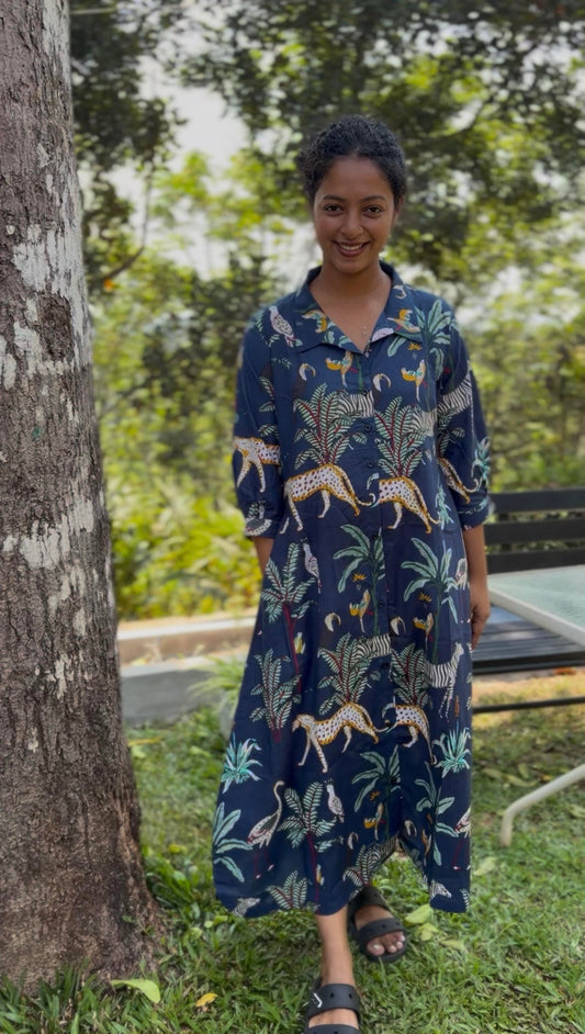 Blue Animal Print Button-down Shirt Dress